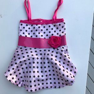 XS dog satin black & pink polka dot lined with hot pink rose on belt strap dress